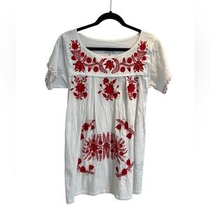 Sensi Studio Ecuador White Gauze Tunic Dress Embroidered Red Floral